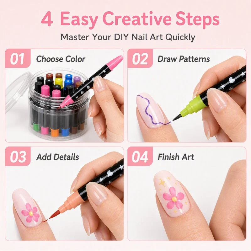 🎨24-Color Dual-Ended Nail Art Pen Set 🌈— Fine Liner + Brush Tips💅